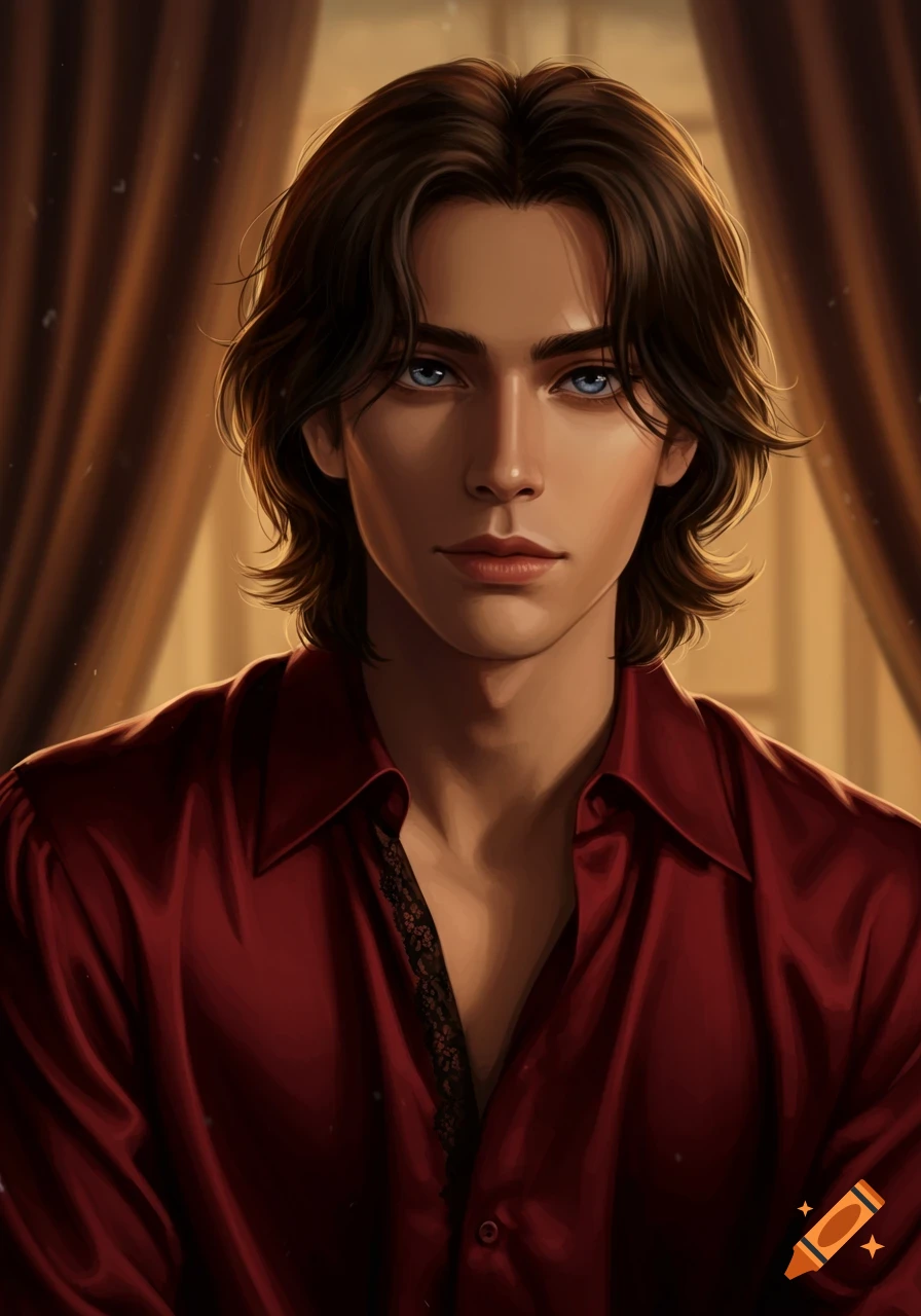 A handsome young man with dark brown hair and blue eyes, wearing a red Victorian shirt, in a digital art style.