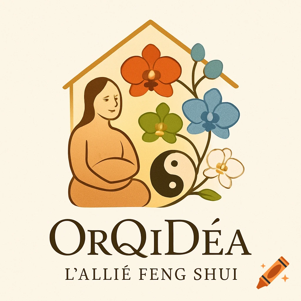 A stylized logo featuring a meditating person inside a house, surrounded by colorful orchids and a yin-yang symbol, with the text 'OrQiDéa L'allié Feng Shui'.