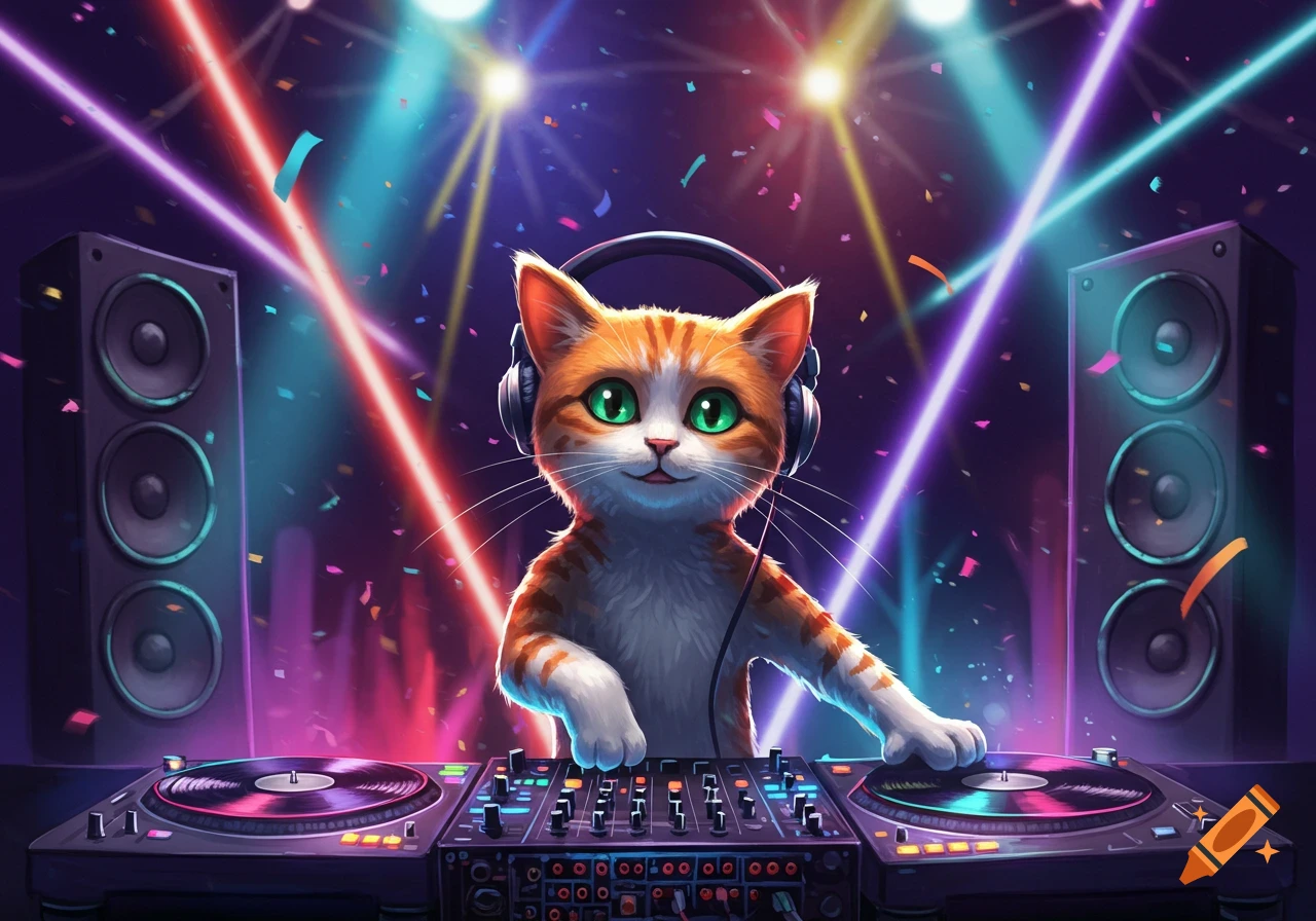 A cute orange and white cartoon cat with big green eyes and headphones DJing at a vibrant, confetti-filled party with laser lights.