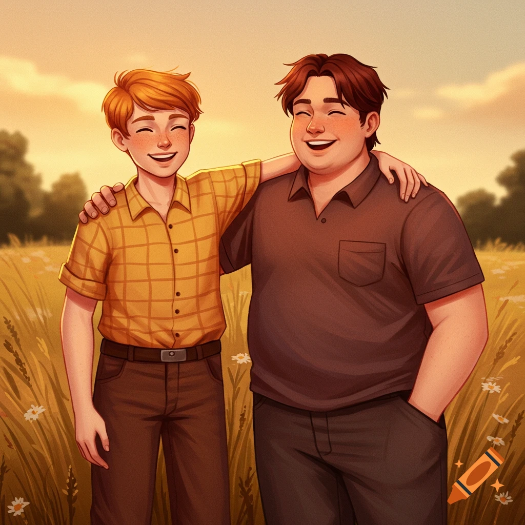 Two smiling young men standing in a golden field, one with his arm around the other's shoulder, in an illustration style.