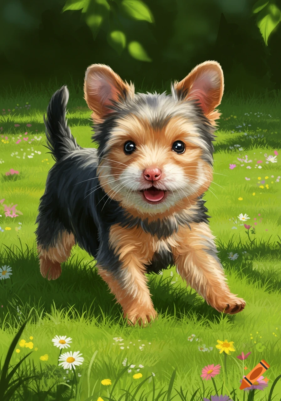 A cute Yorkshire terrier puppy with dark and tan fur runs through green grass with small colorful flowers.