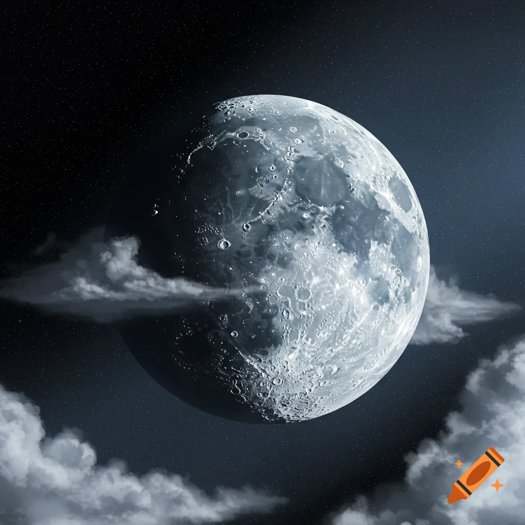 A detailed moon with visible craters partially hidden by white clouds, set against a dark, star-filled space background.