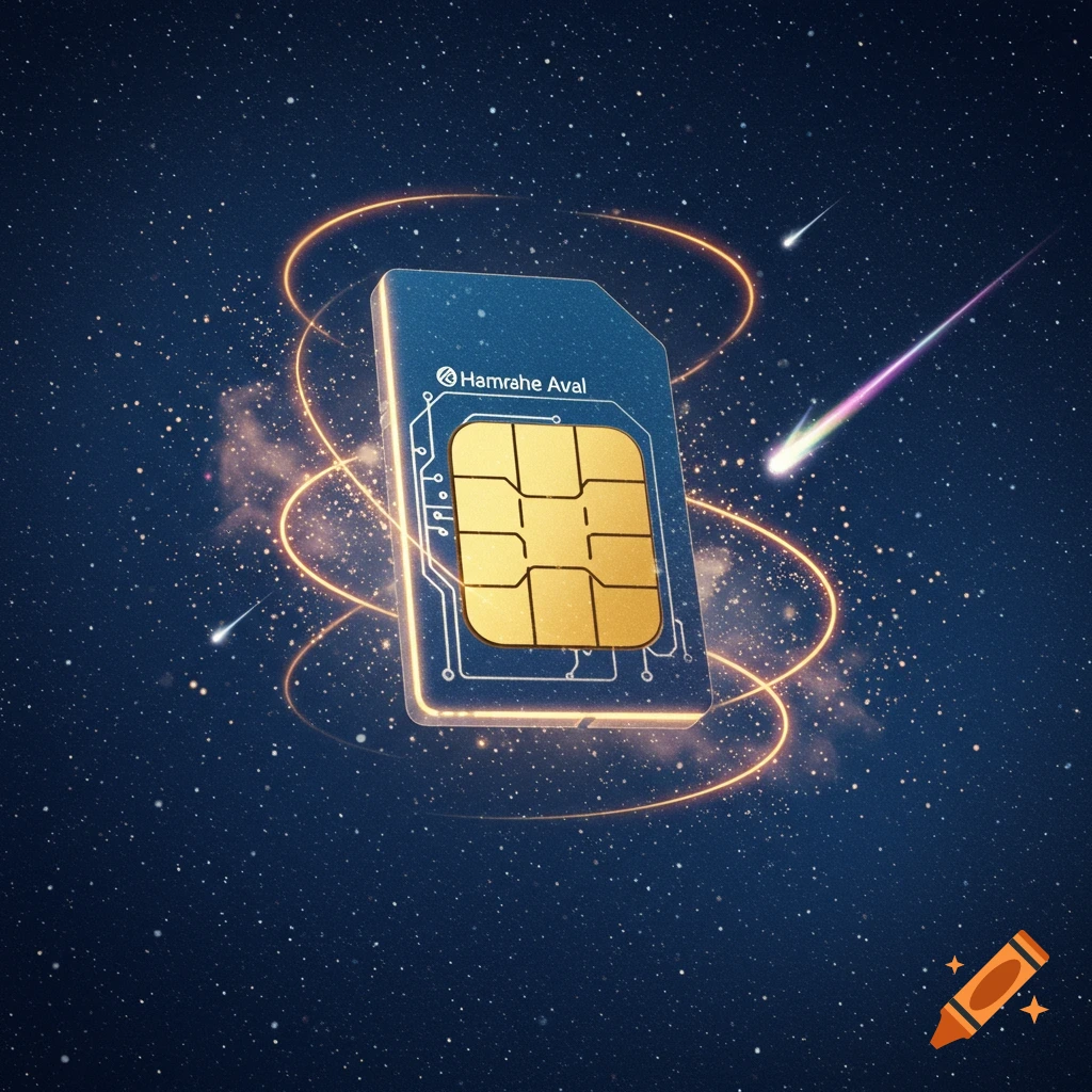 A blue SIM card with golden circuits and text 'Hamrahe Aval' floats in a dark starry cosmic space with shooting stars and glowing golden light trails.