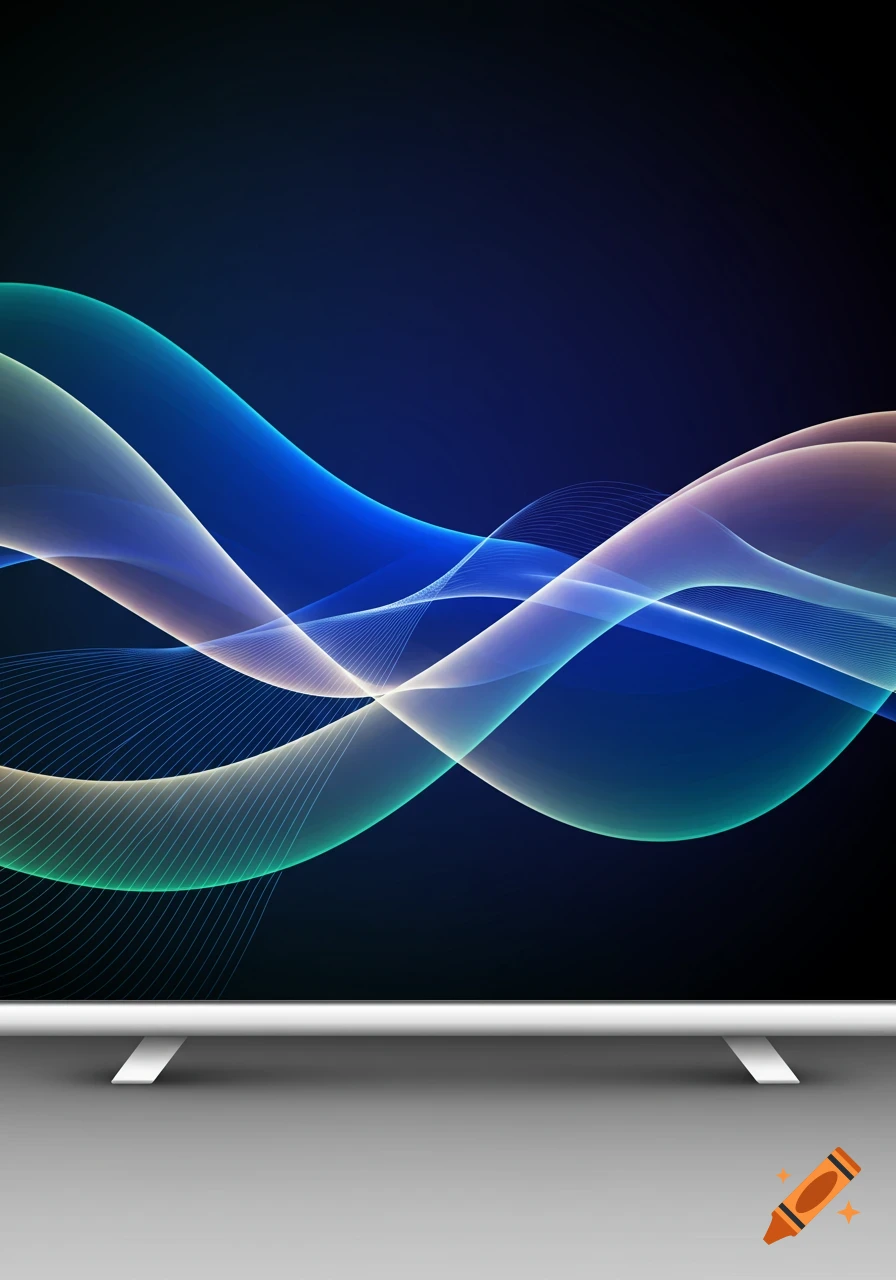 Abstract digital art with glowing blue, green, and purple wave patterns on a dark background, with a white stand at the bottom.