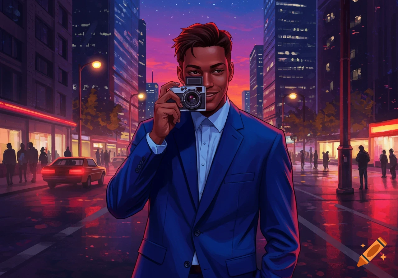 Stylized cartoon of a smiling man in a suit holding a camera on a vibrant city street at night.