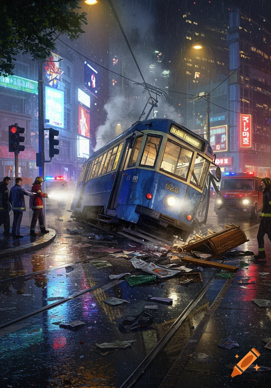 A blue tram derailed on a wet, neon-lit city street at night, with firefighters present.