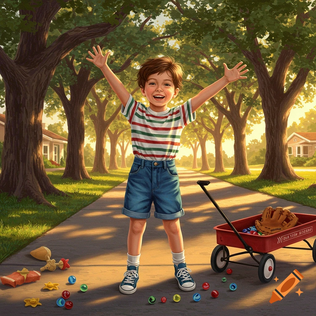 A smiling boy with outstretched arms stands on a sunny sidewalk next to a red wagon and scattered marbles.