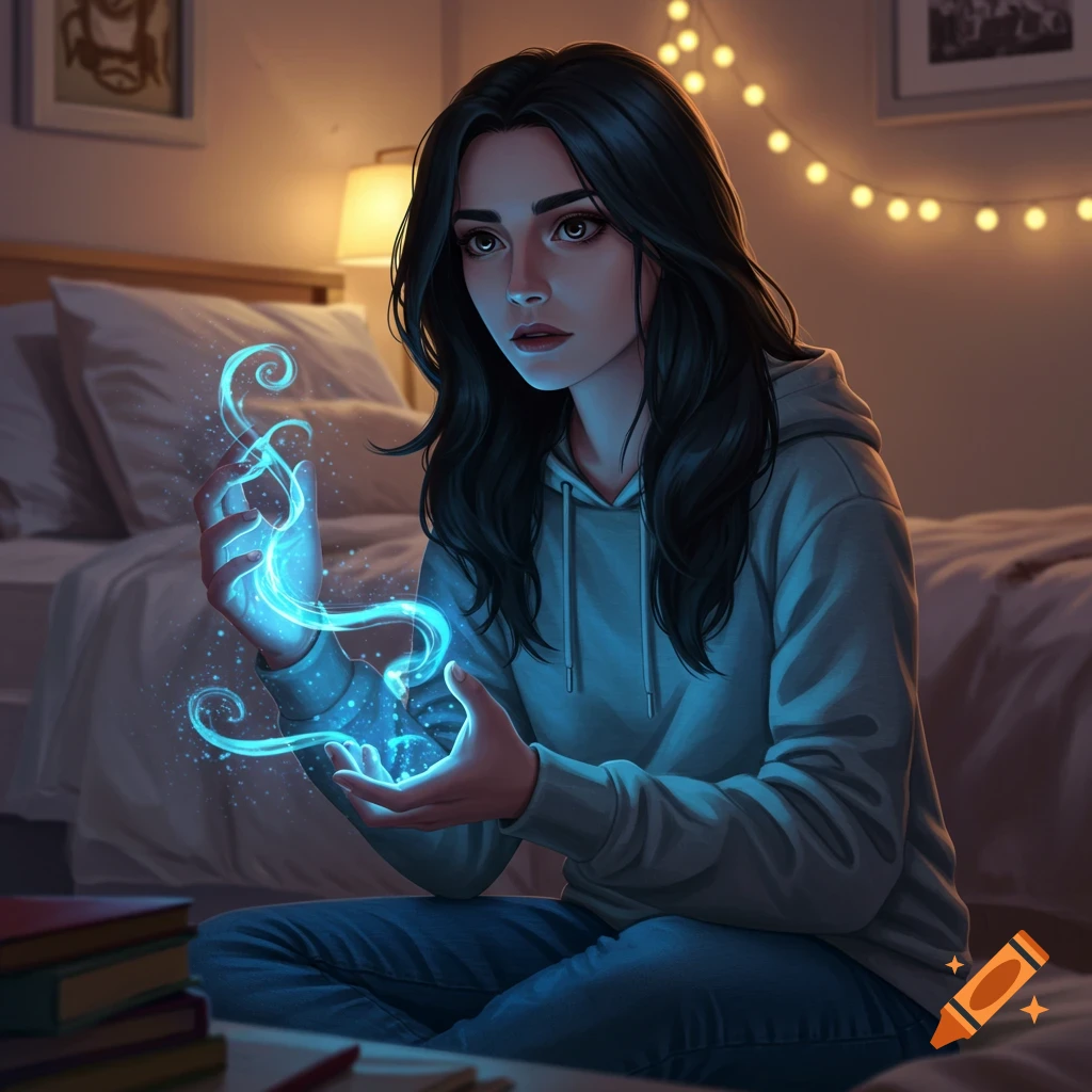 A girl with dark hair, wearing a hoodie and jeans, sits on the floor in a dim bedroom, holding glowing blue magic in her hands.