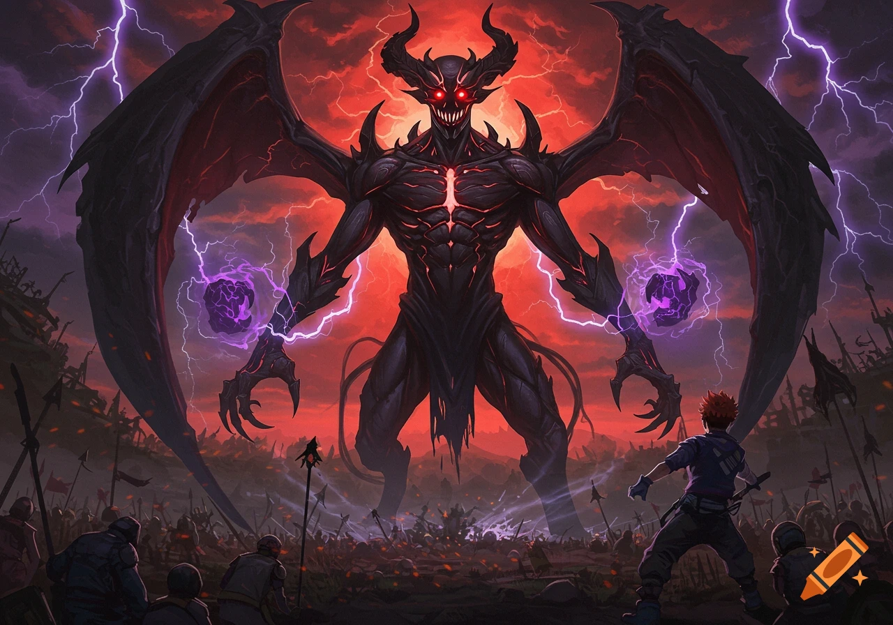 A giant, horned demon with wings and red glowing eyes stands over a battlefield, summoning purple lightning, facing a small hero.