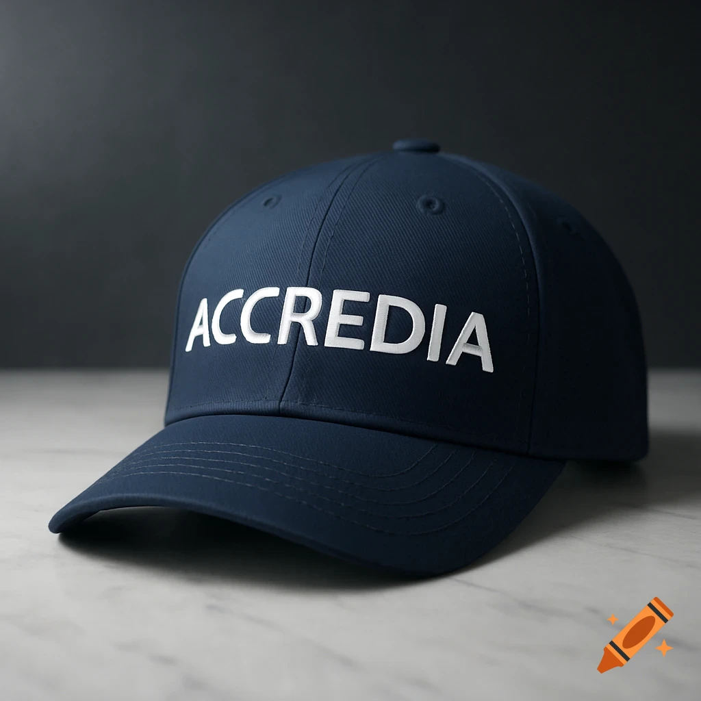 Photorealistic dark blue baseball cap with 'ACCREDIA' in white, resting on a white marble surface.