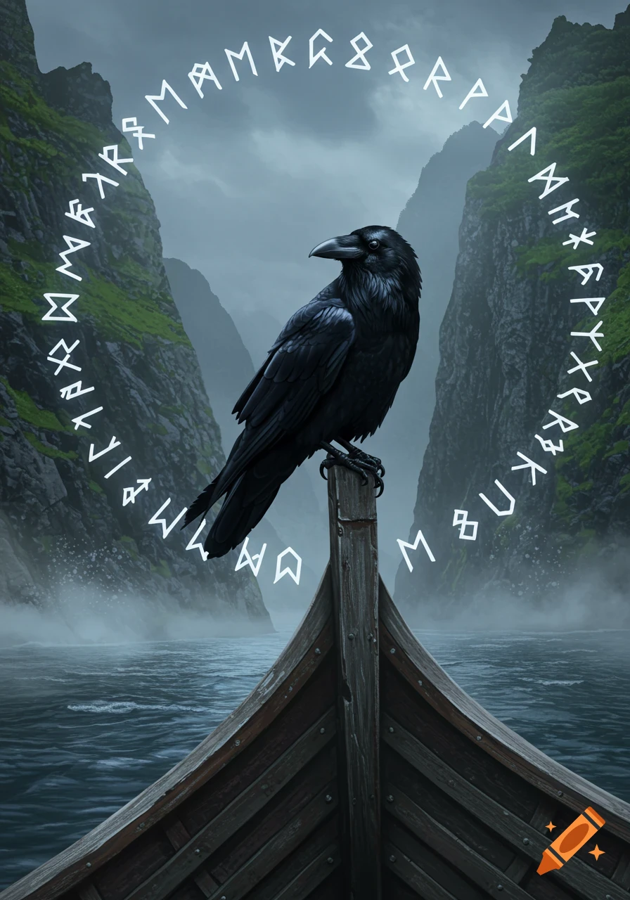 A black raven perches on the prow of a Viking longship, sailing through misty fjords. Glowing runes encircle the raven.