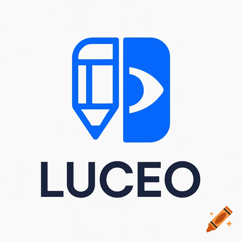 Minimalist blue and white vector logo with a split icon showing a pencil outline and an eye, above the word LUCEO.