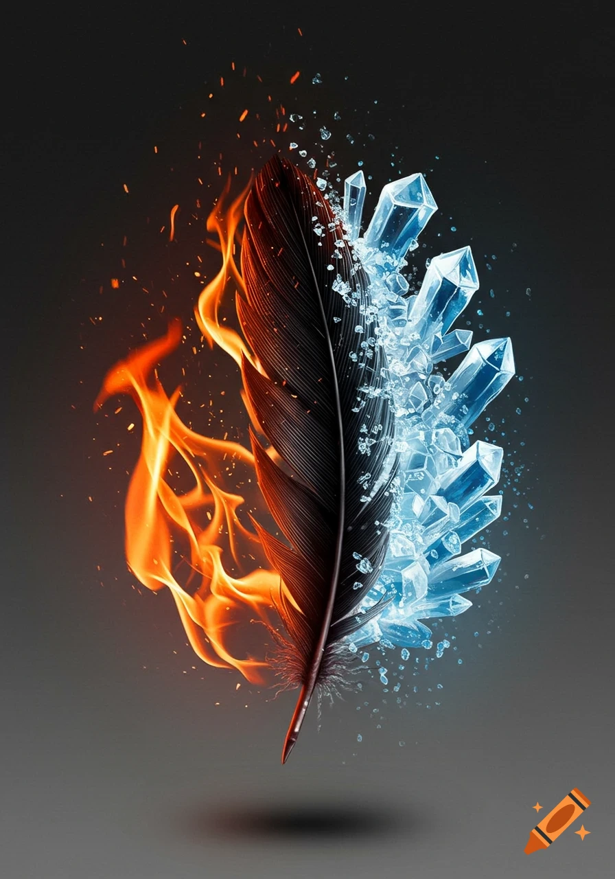 A black feather, split between vibrant orange flames and icy blue crystals, on a dark gray background.