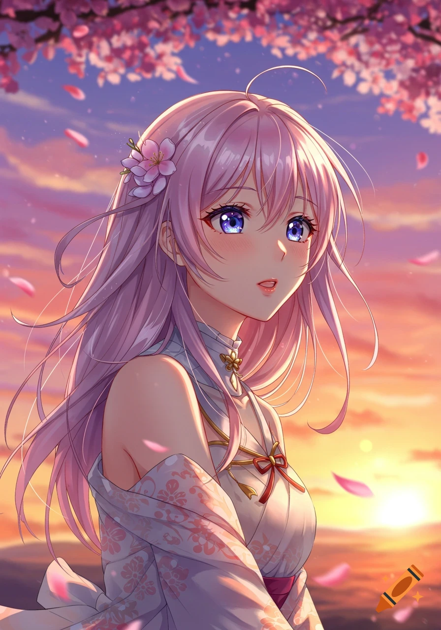 An anime girl with long pink hair and blue eyes, wearing a traditional-style dress, surrounded by cherry blossoms at sunset.