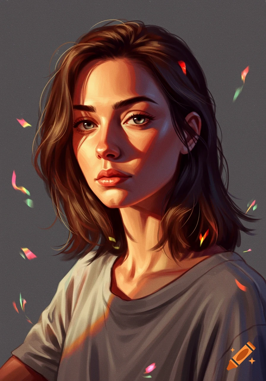 Digital illustration of a serious woman with brown hair and warm lighting on her face, with abstract colorful flecks around her.