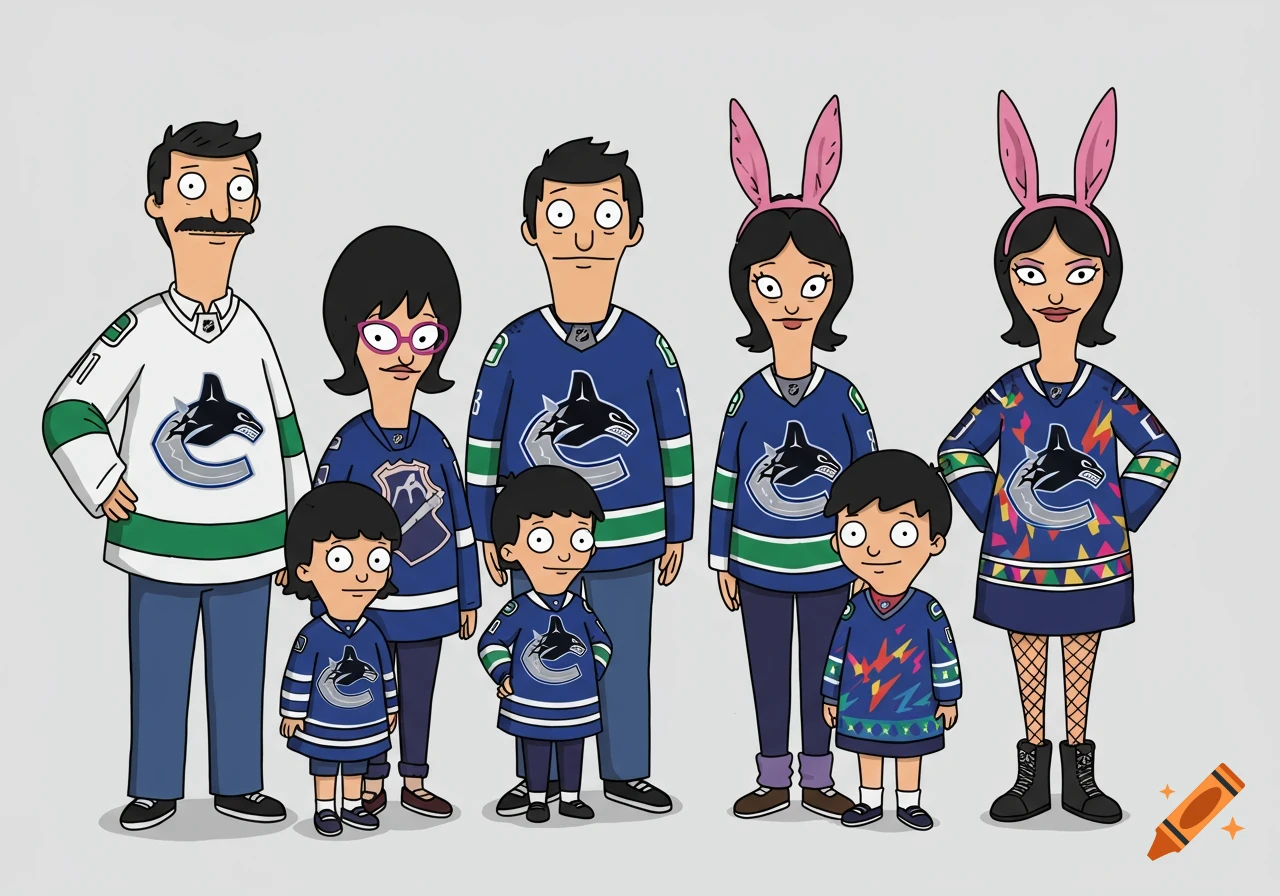 The Belcher family from Bob's Burgers, including Bob, Linda, Tina, Gene, and Louise, wearing various Vancouver Canucks hockey jerseys in a cartoon style.