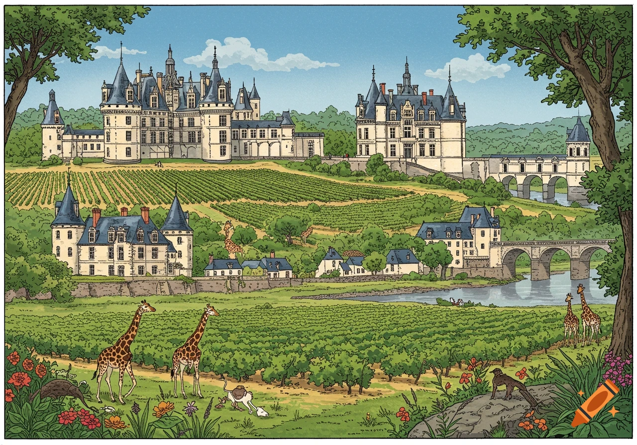 Comic illustration of French chateaus, vineyards, and a river with giraffes and other animals, under a blue sky.