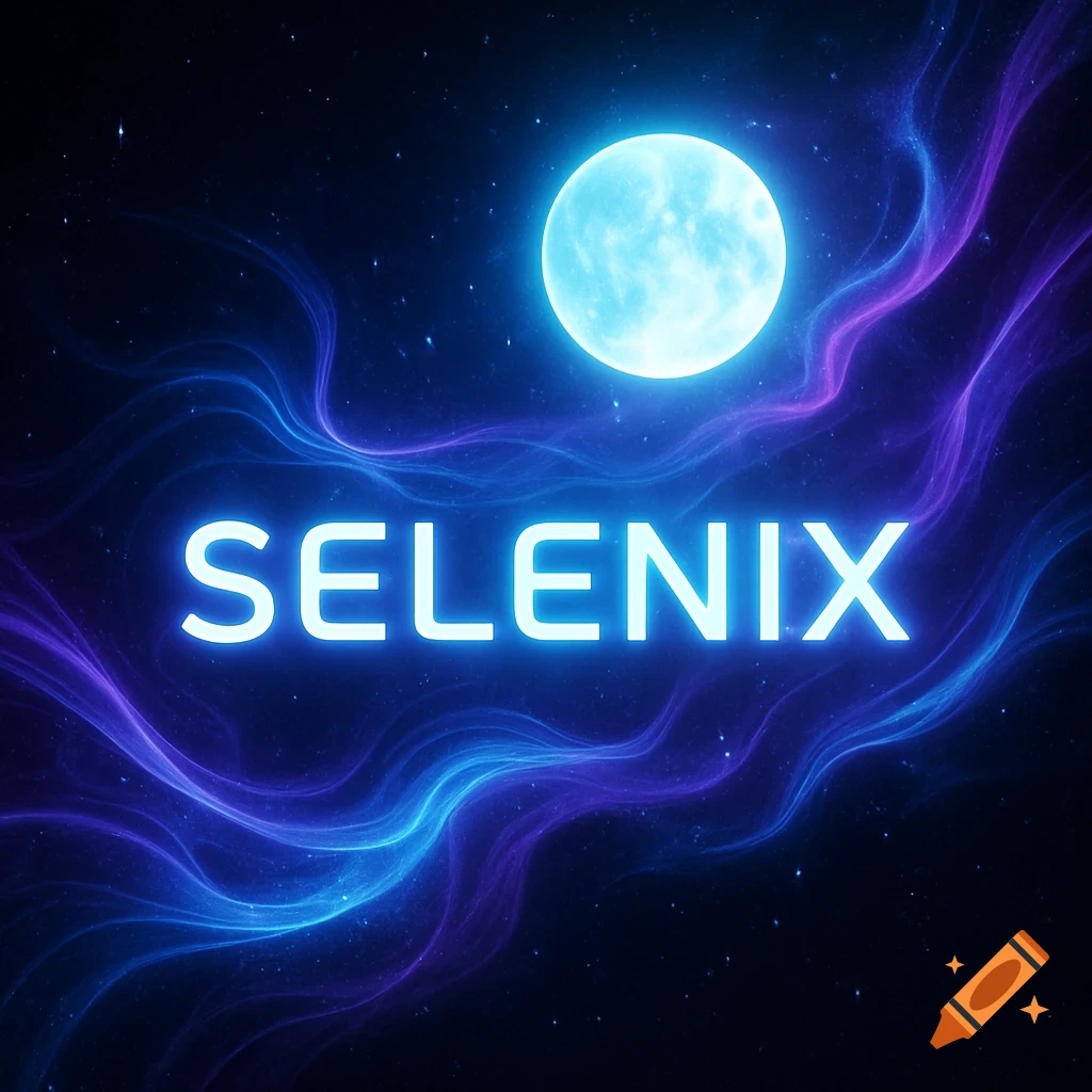 Glowing blue moon and neon 'SELENIX' in a dark cosmic scene with blue and purple nebulae and stars.