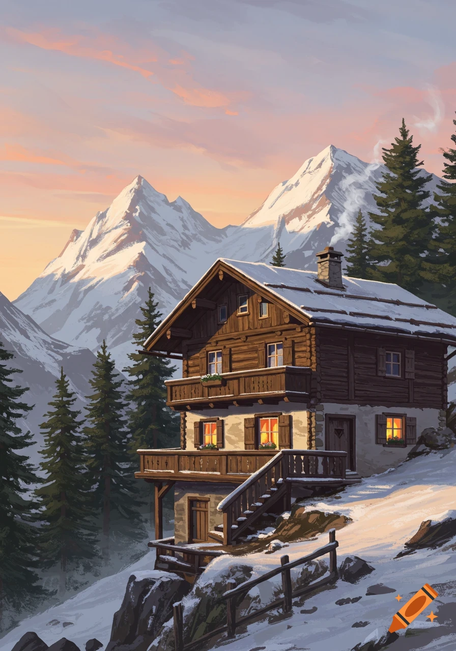 A painted illustration of a traditional wooden alpine house nestled in a snowy mountain landscape with pine trees under a sunset sky.