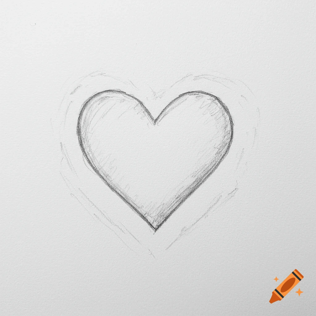 A simply drawn pencil sketch of a heart on white paper.