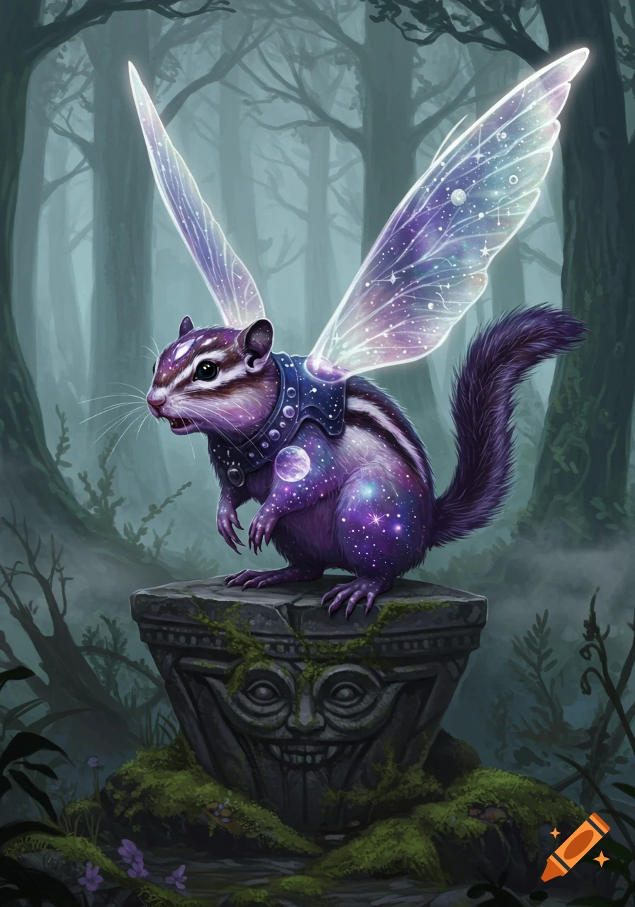 A cosmic fairy chipmunk with glowing wings stands on a moss-covered, carved stone pedestal in a misty forest, digital painting.