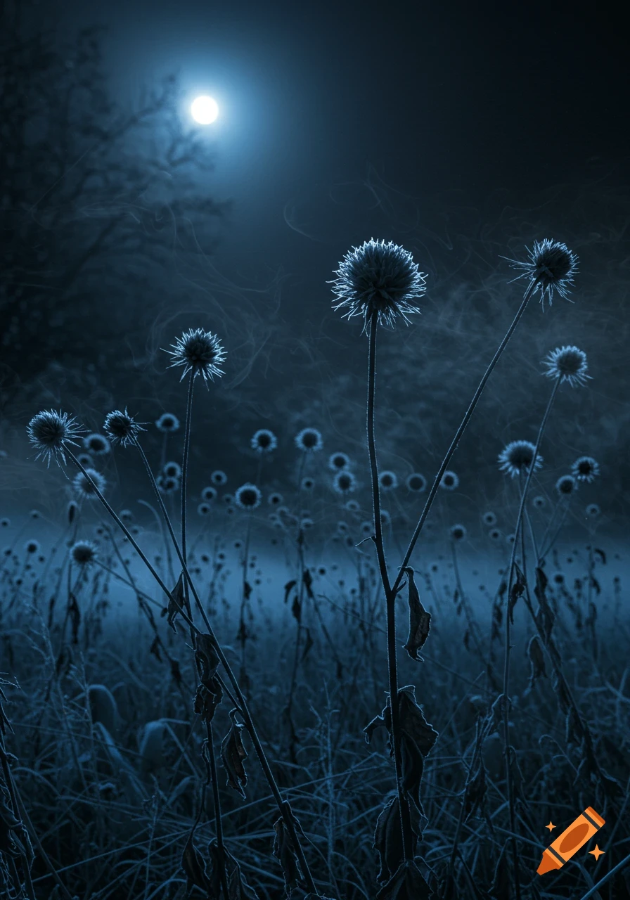 Silhouetted dead flowers in a frosty field glow under a bright full moon at night, bathed in a deep blue light.