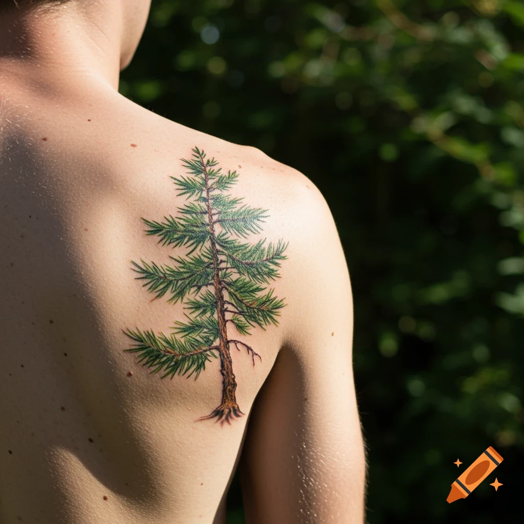 Photorealistic image of a man's bare upper back and shoulder with a green and brown evergreen tree tattoo.