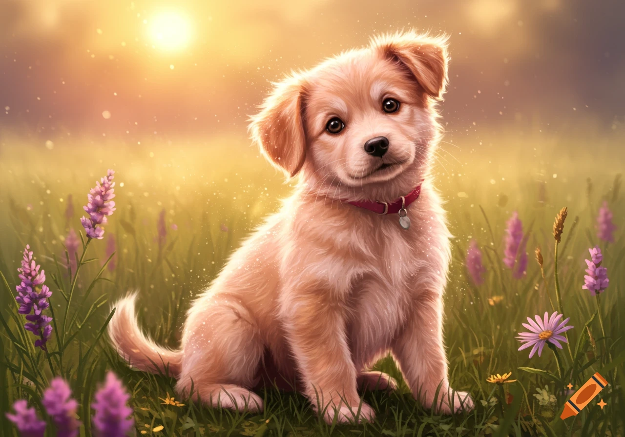 A cute rose gold puppy with a red collar sits in a vibrant, sunlit field amidst purple and yellow flowers, digital art.