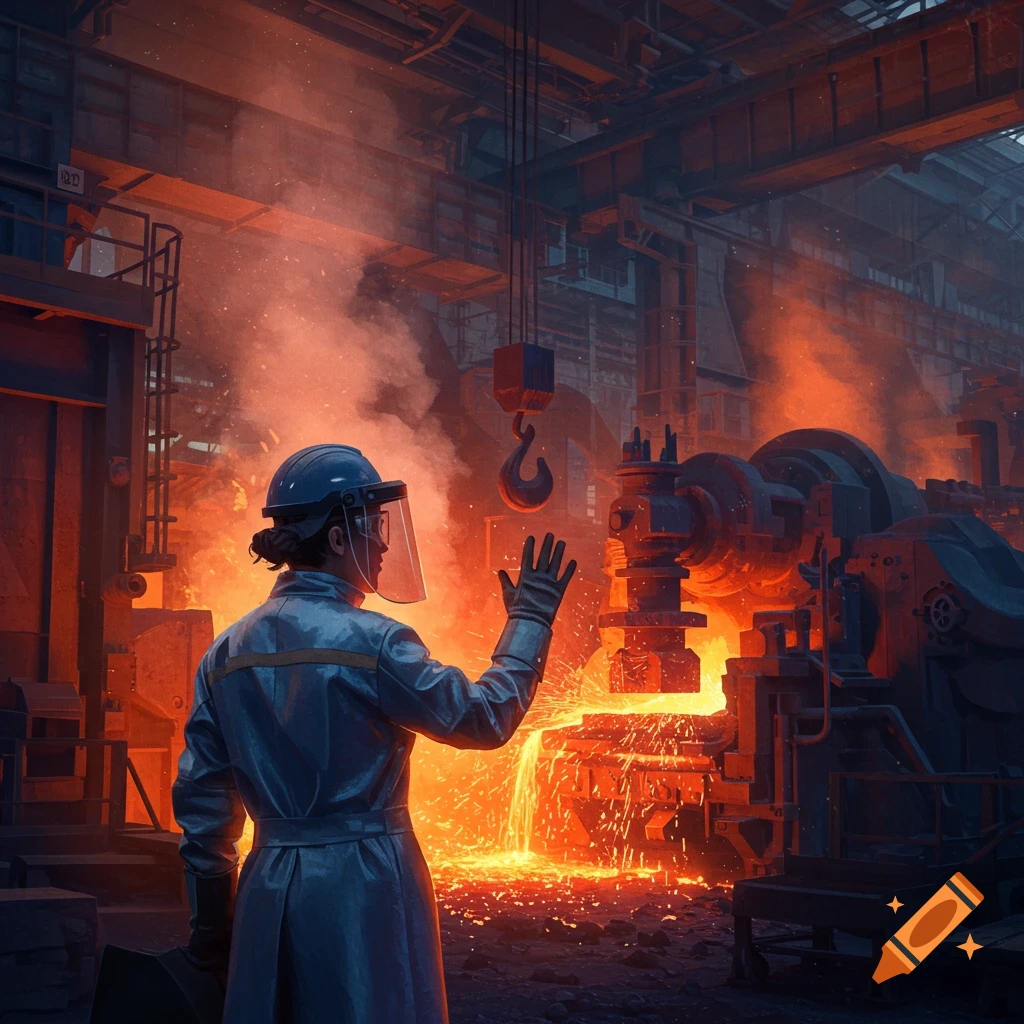 A worker in blue PPE, helmet, and face shield stands in a smoky steelworks, watching molten metal pour from machinery.