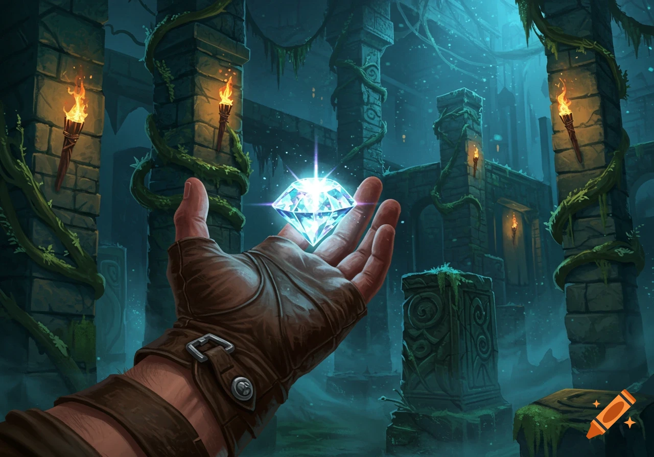 A gloved adventurer's hand holds a glowing diamond in an eerie, vine-covered ancient ruin, fantasy art.