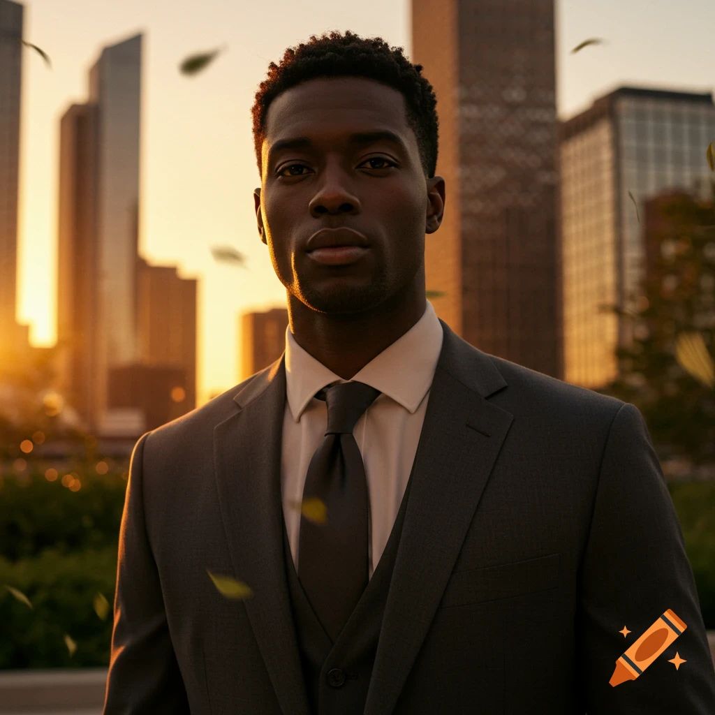 Photorealistic portrait of a Black man in a grey suit against a city sunset, with buildings and floating leaves.