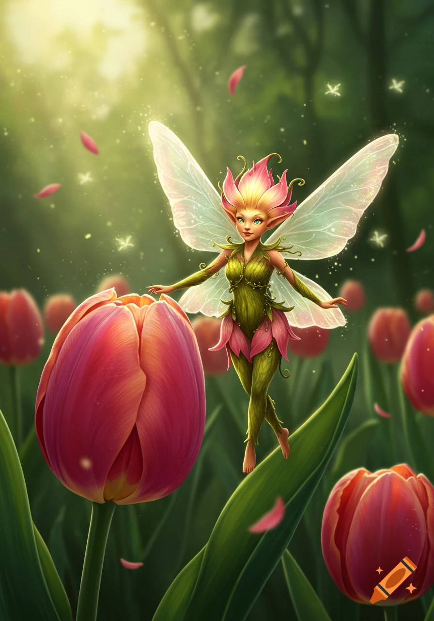 A vibrant flower fairy with delicate wings stands on a leaf amidst blooming red tulips in a sunlit fantasy garden.