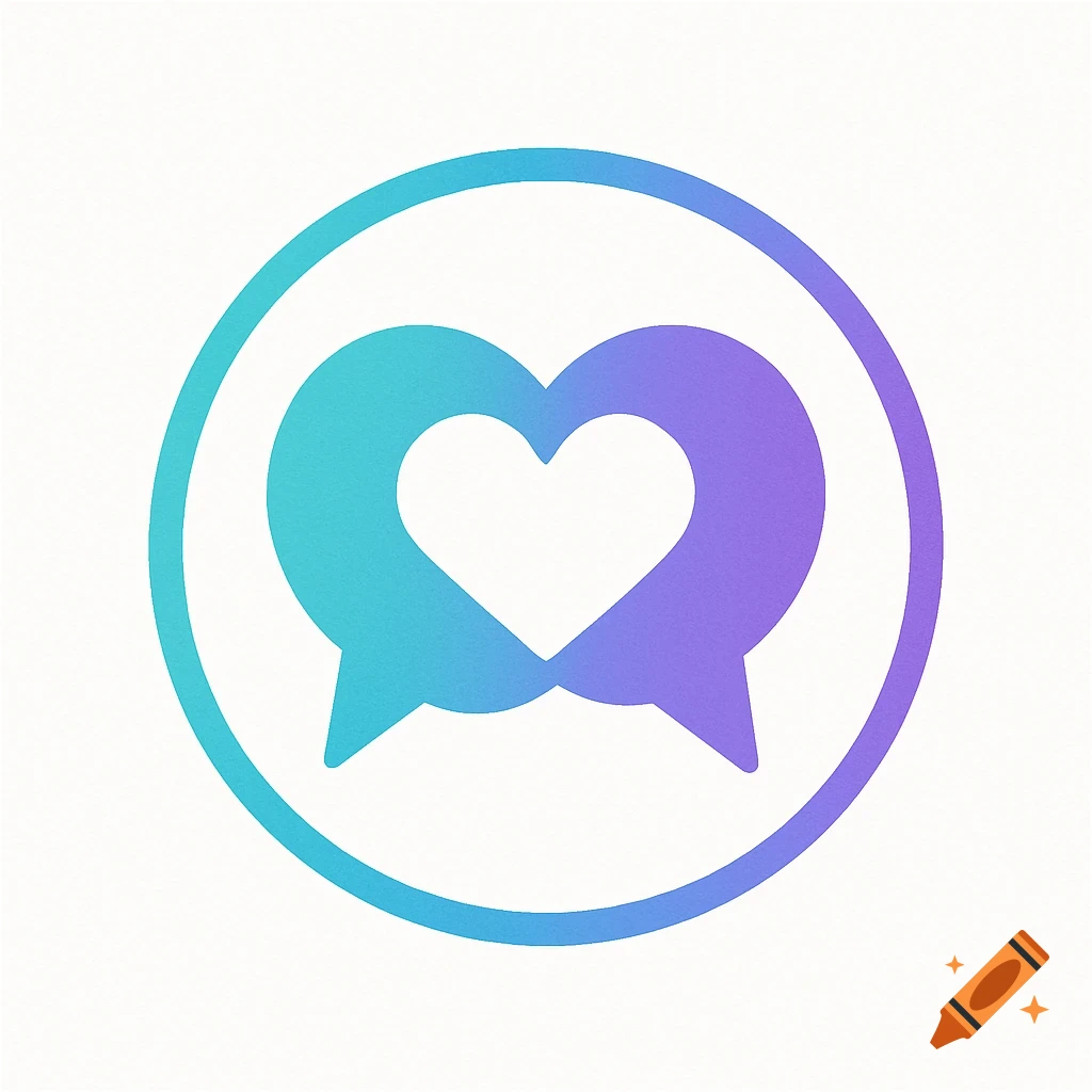 A modern circular logo with two overlapping chat bubbles forming a heart in the center, with a turquoise and purple gradient.