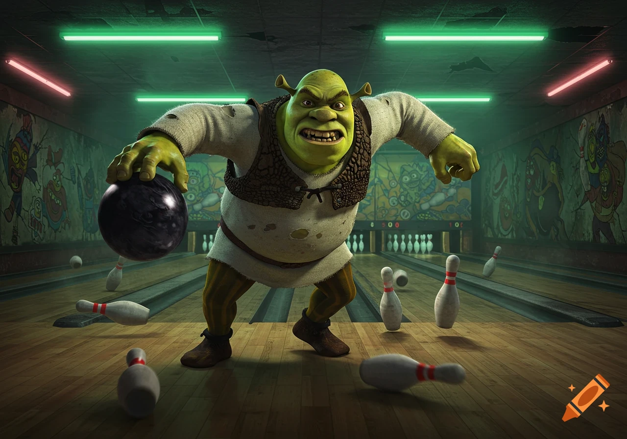 An angry, decaying Shrek with a menacing expression is about to bowl a black bowling ball in a dimly lit bowling alley, with pins scattered.
