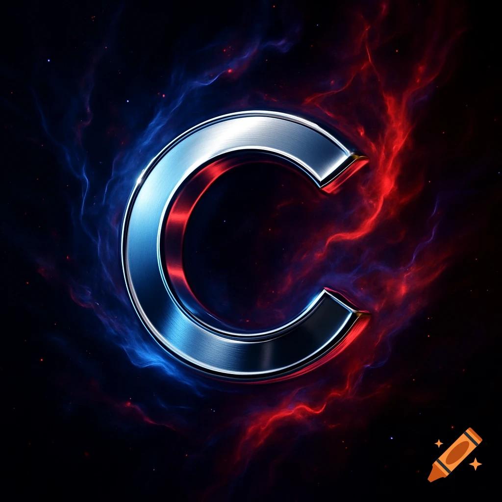 A shiny metallic letter C against a swirling background of red and blue nebulae.