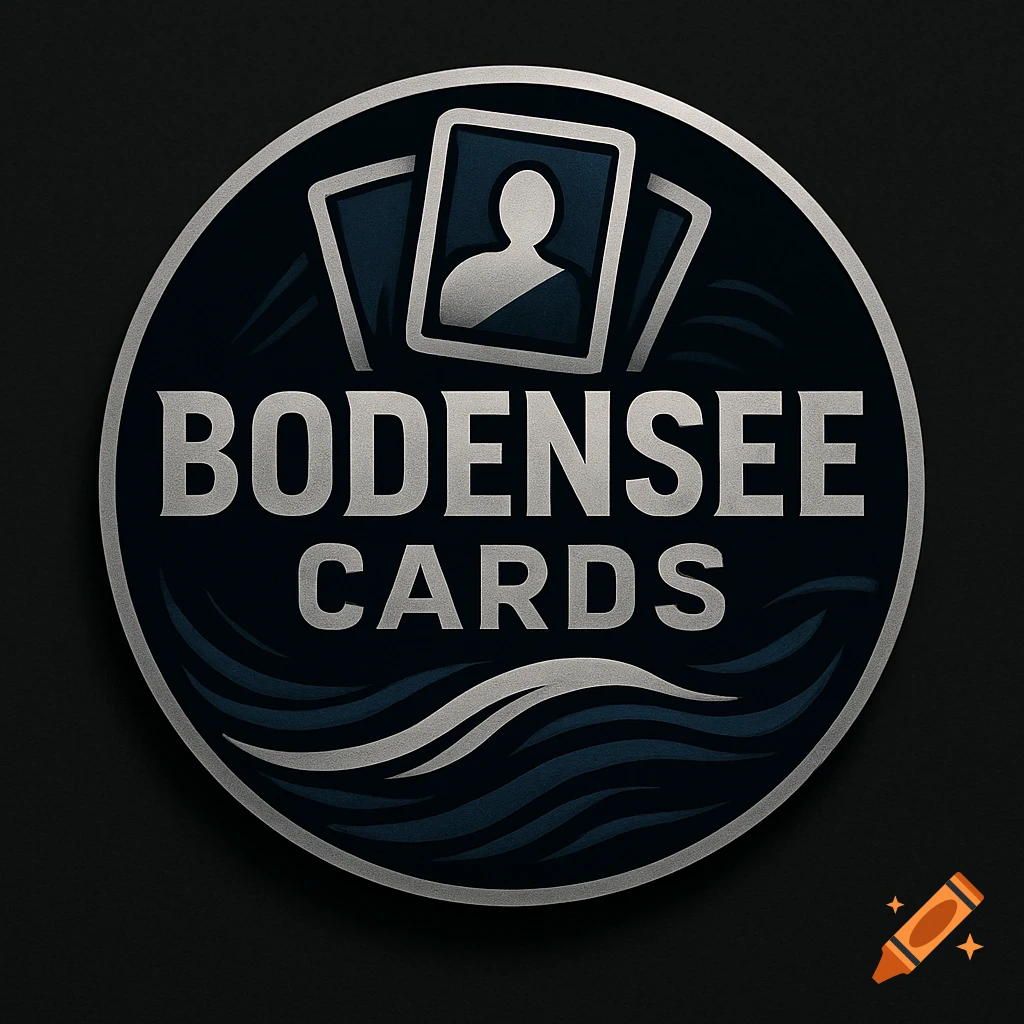 A round logo for Bodensee Cards featuring silver text, a dark blue background with stylized waves, and a stack of cards with a person icon.