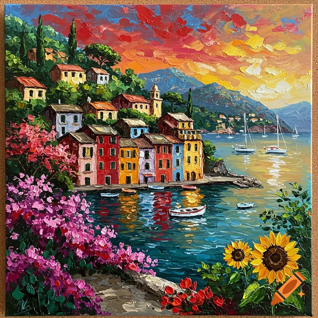 Vibrant impasto painting of Portofino with colorful houses, boats, bougainvillea, sunflowers, and a sunset sky.