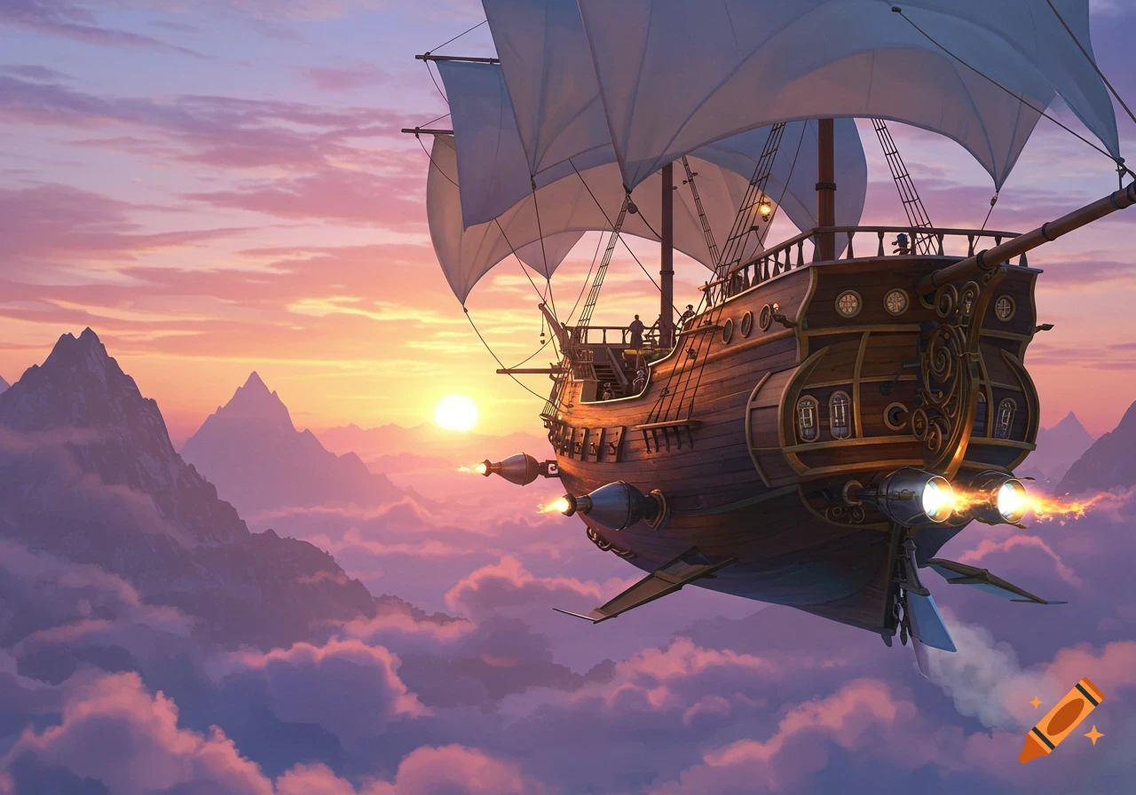 A fantasy steampunk airship with sails and rocket engines flying over a sea of clouds at sunset with mountains in the background.