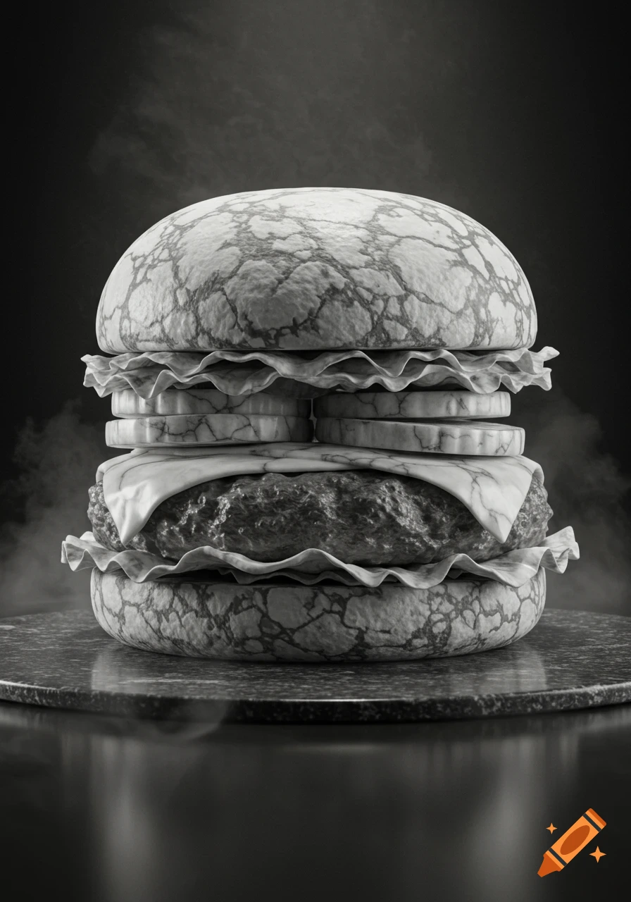 A monochromatic, detailed burger made entirely of white and grey marbled stone, on a dark stone surface.