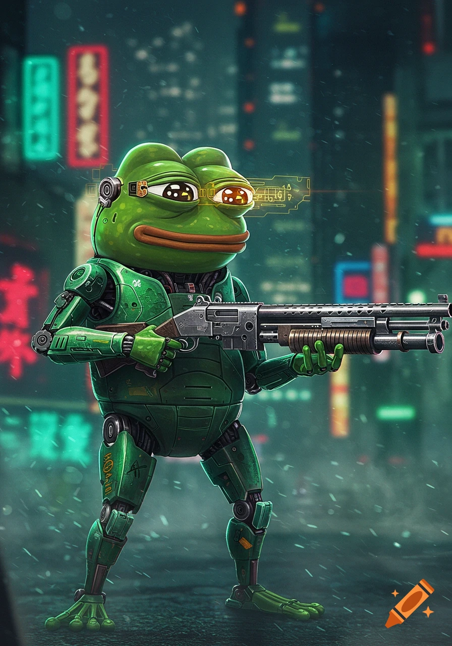 A green robot Pepe the frog with glowing eyes holds a shotgun in a rainy, neon-lit cyberpunk city.