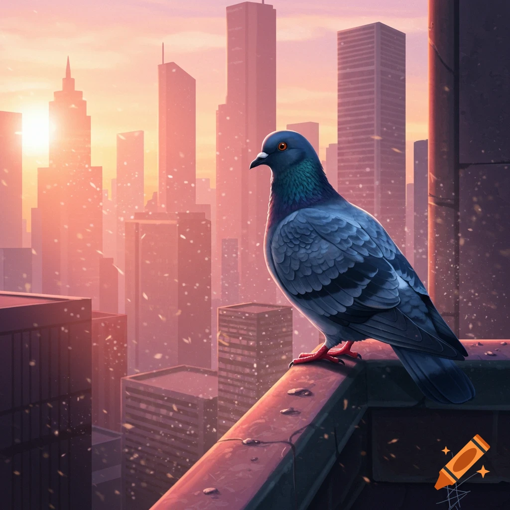A digital illustration of a pigeon on a city rooftop at sunset with urban buildings in the background.