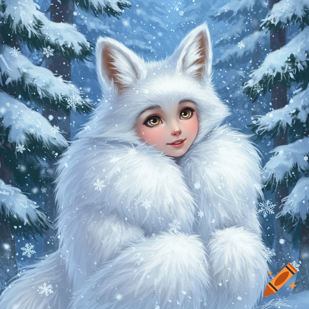A cute fox girl in a fluffy white arctic coat stands in a snowy forest with falling snowflakes, digital painting.
