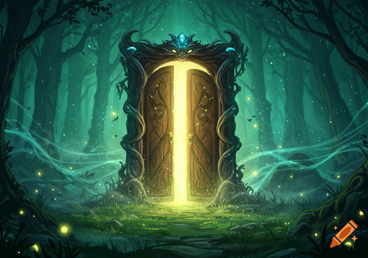 A glowing, ornate magical door stands in a dark, mystical forest with ethereal light and glowing particles.