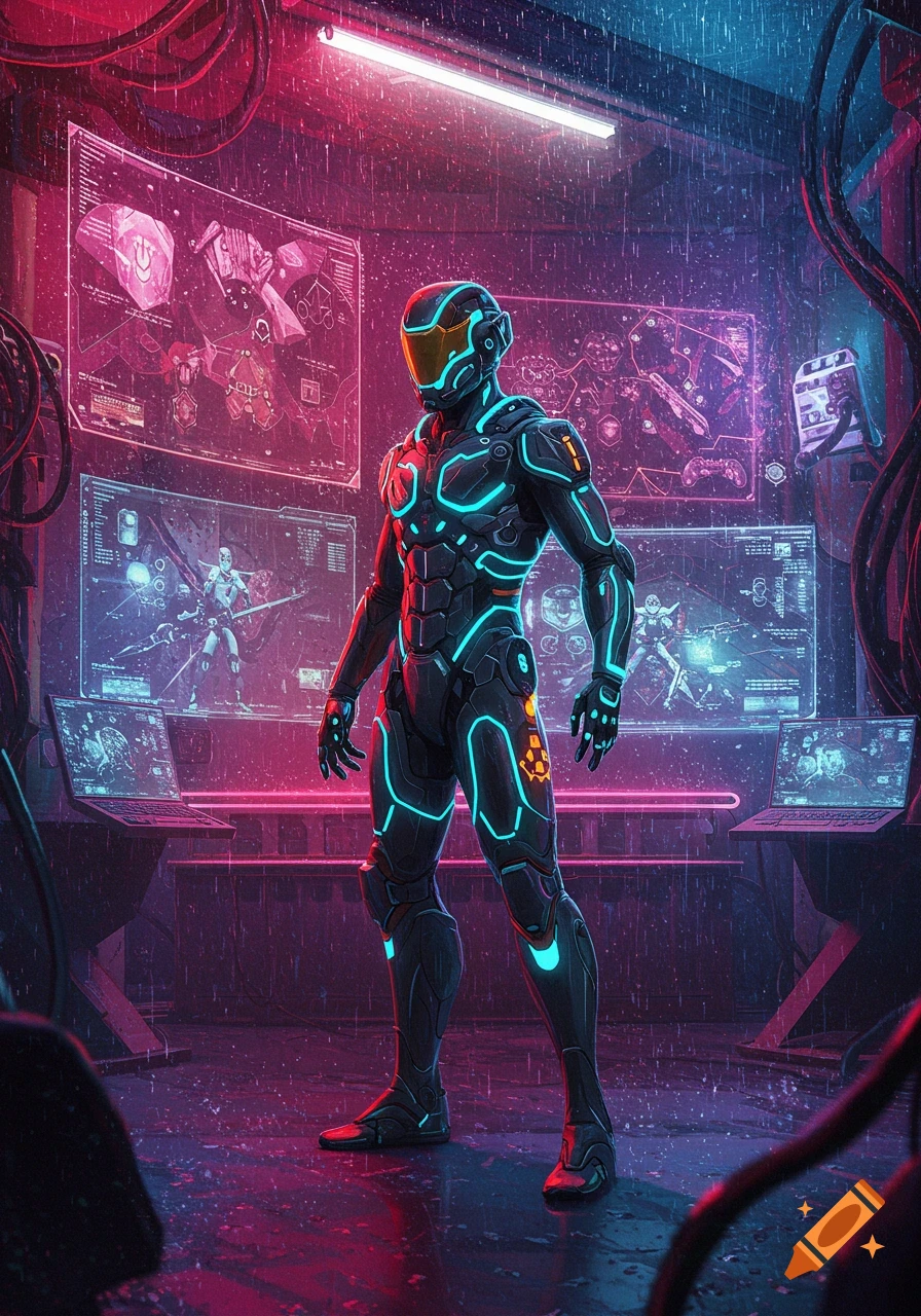A person in a black and blue glowing futuristic suit stands in a rainy, neon-lit cyberpunk room with holographic screens.