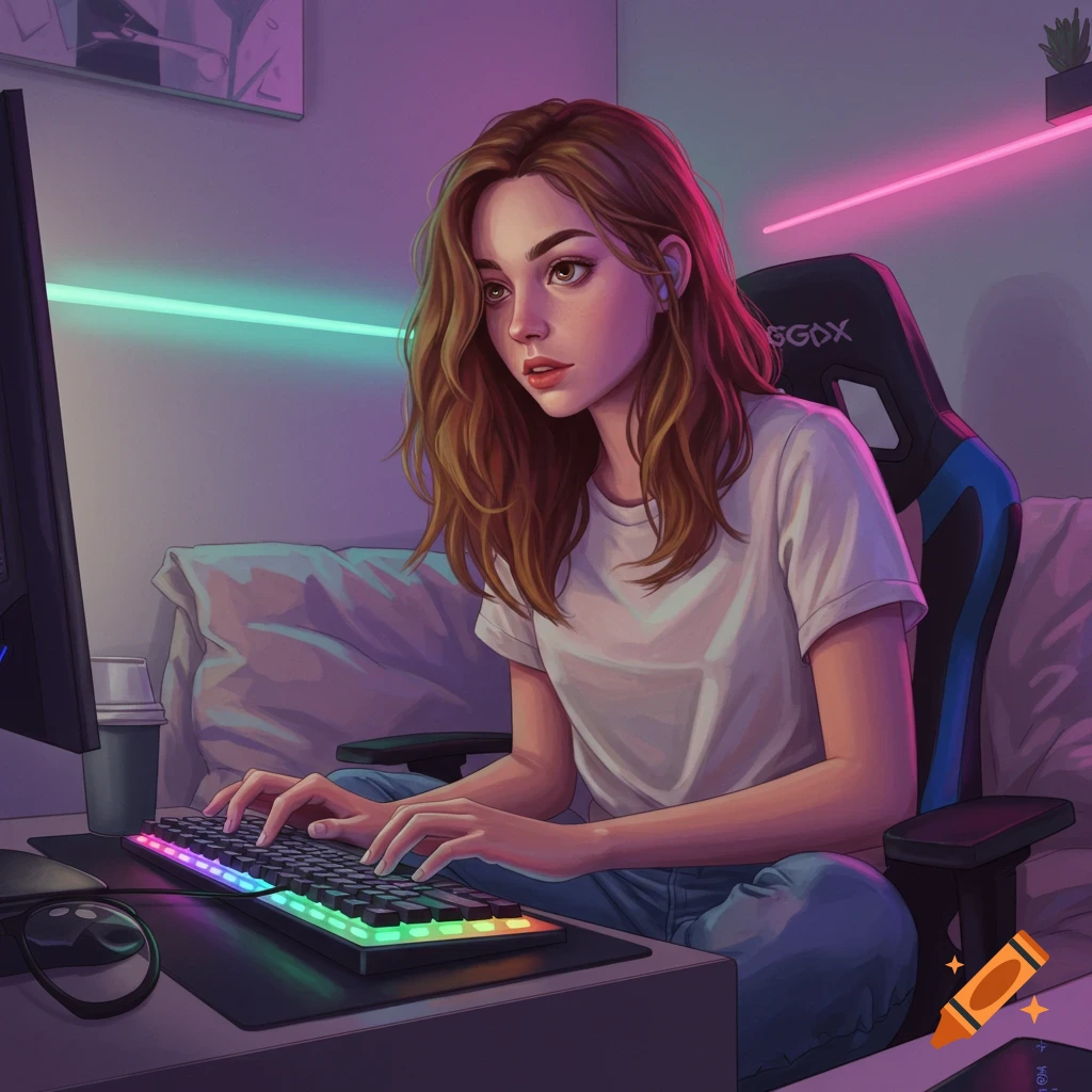A young woman with brown hair sits at a desk, typing on a glowing RGB keyboard, focused on a monitor in a neon-lit room.
