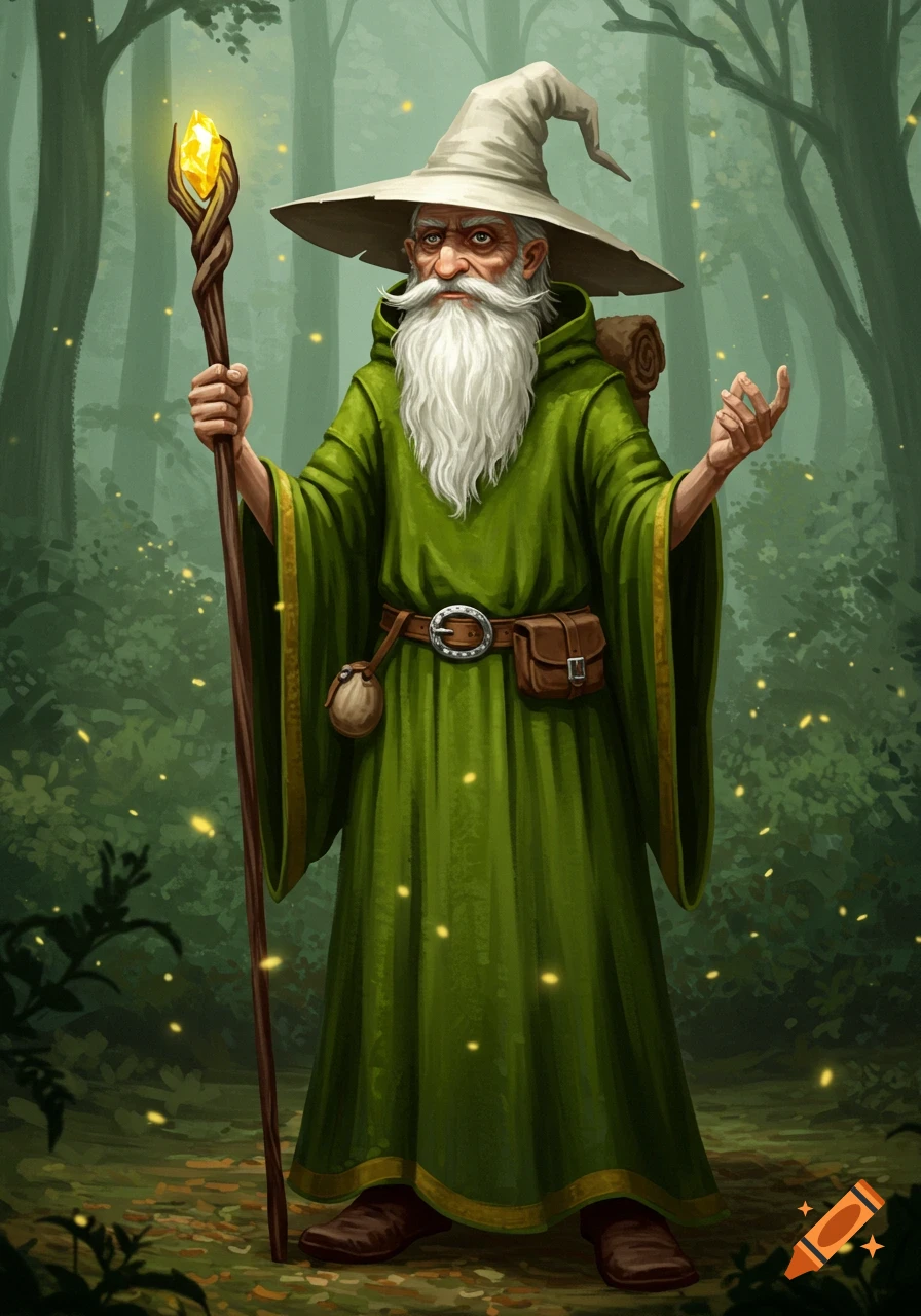 A stoic, bearded wizard in a green robe and pointed hat holds a glowing staff in a magical forest, painted art style.