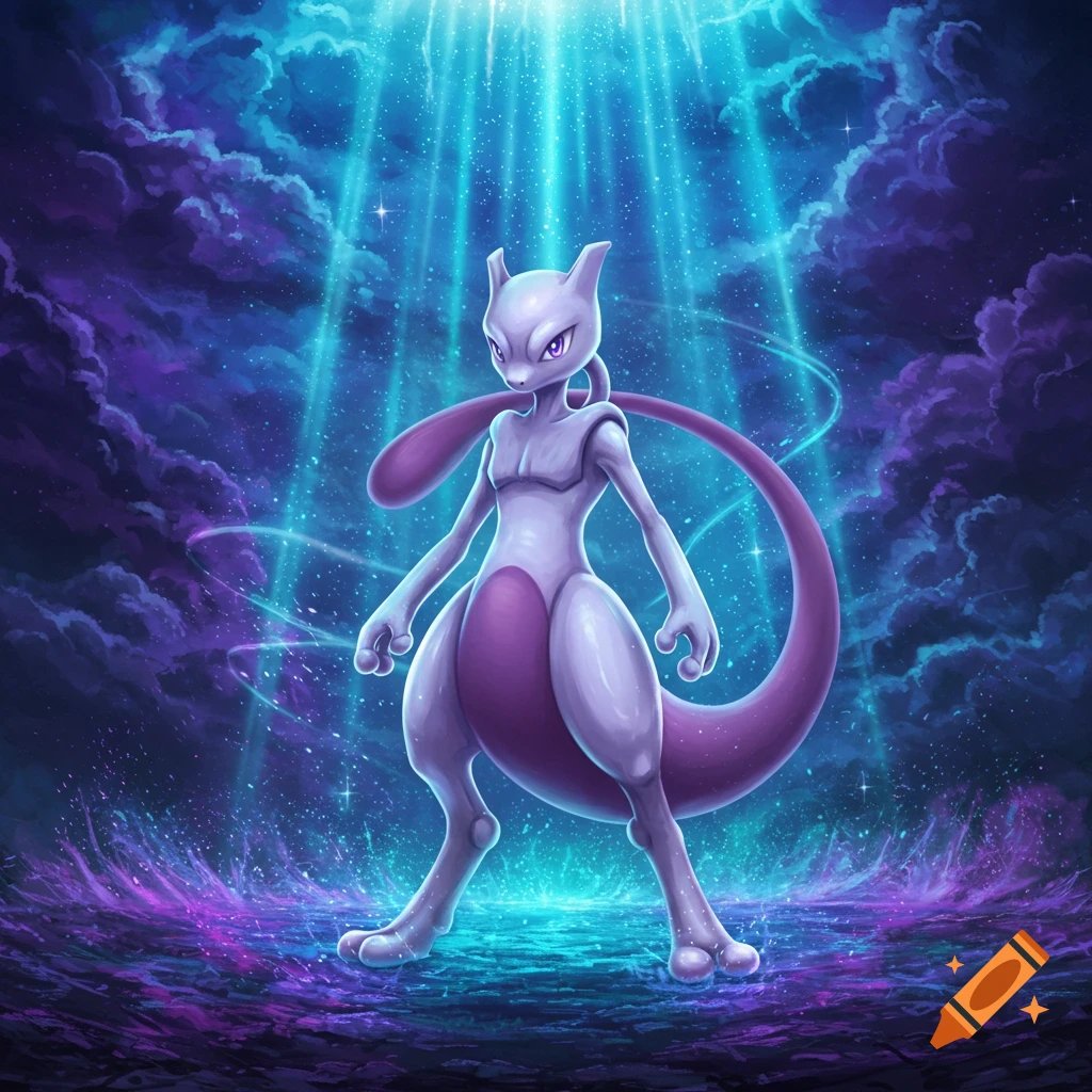 Mewtwo, a purple and white alien-like creature, stands under glowing blue lights in a swirling cosmic purple and blue landscape. Illustration.
