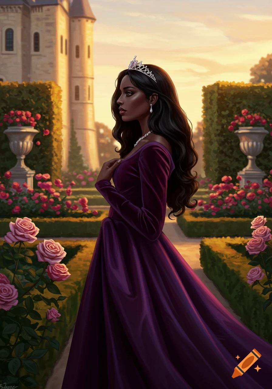 A beautiful princess in a purple gown and tiara stands in a rose garden with a castle in the background, looking right.