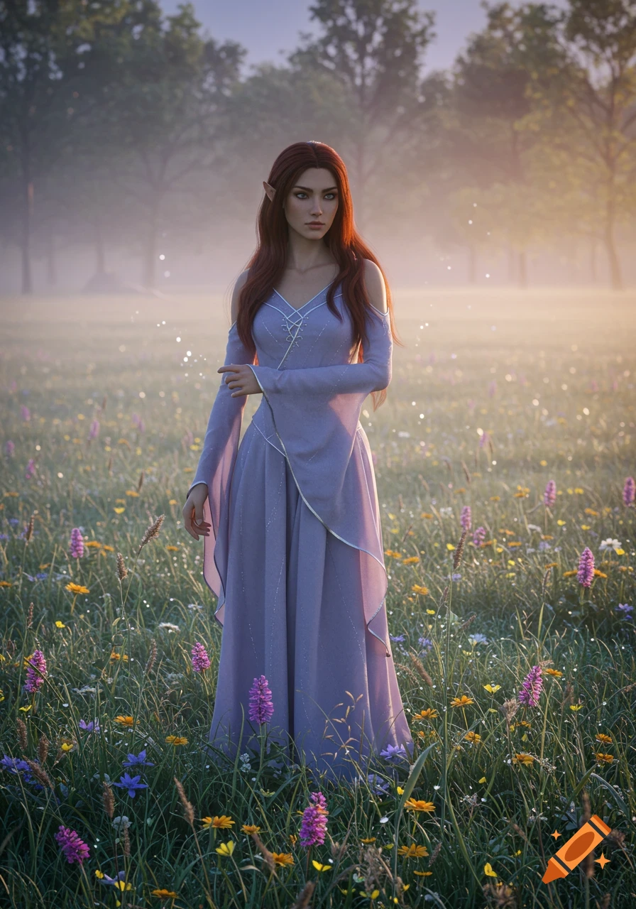 Photorealistic fantasy art of a red-haired elven woman in a lavender dress standing in a misty field of wildflowers.