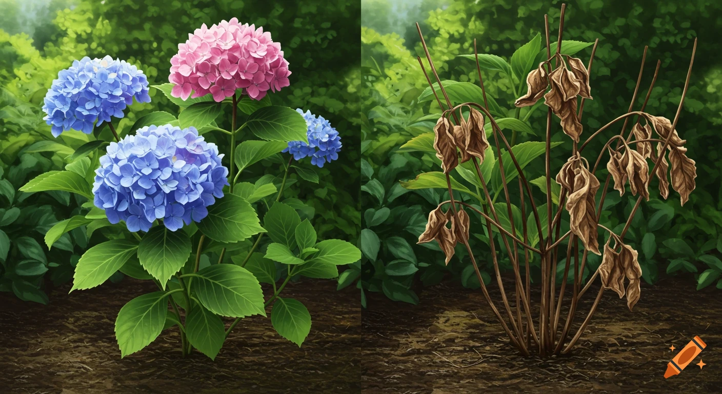 A split screen shows healthy blue and pink hydrangeas on the left, and a dead, wilted hydrangea on the right, against a green background.